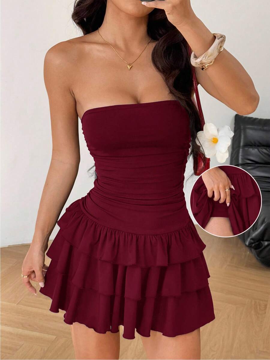 MainGRL Knitted Fabric A-Line Sleeveless Mini Dress In Burgundy Tube Top Dress Ruffle Dress,Party Dress