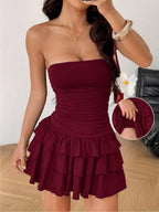 MainGRL Knitted Fabric A-Line Sleeveless Mini Dress In Burgundy Tube Top Dress Ruffle Dress,Party Dress