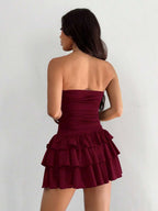 MainGRL Knitted Fabric A-Line Sleeveless Mini Dress In Burgundy Tube Top Dress Ruffle Dress,Party Dress