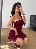 MainGRL Knitted Fabric A-Line Sleeveless Mini Dress In Burgundy Tube Top Dress Ruffle Dress,Party Dress