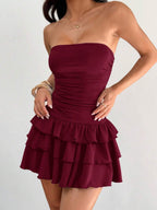 MainGRL Knitted Fabric A-Line Sleeveless Mini Dress In Burgundy Tube Top Dress Ruffle Dress,Party Dress