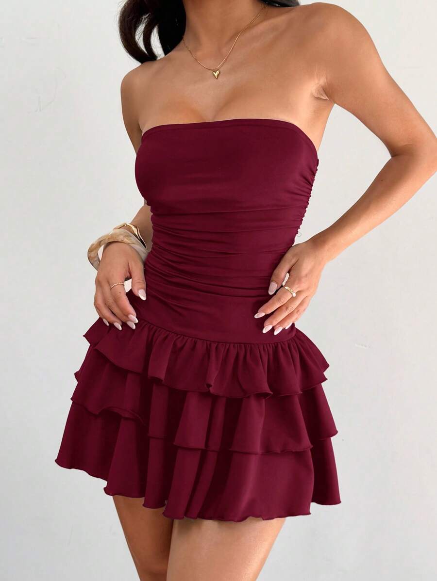MainGRL Knitted Fabric A-Line Sleeveless Mini Dress In Burgundy Tube Top Dress Ruffle Dress,Party Dress