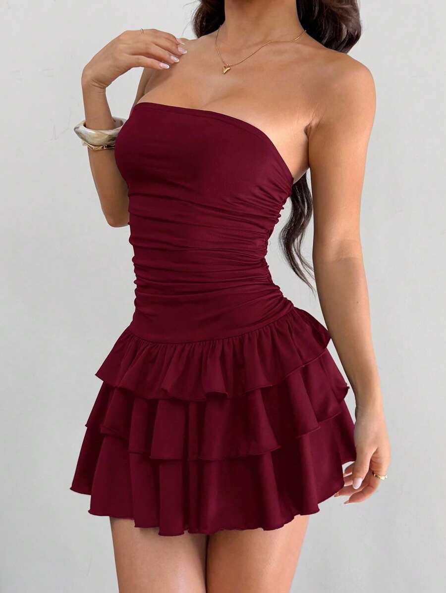 MainGRL Knitted Fabric A-Line Sleeveless Mini Dress In Burgundy Tube Top Dress Ruffle Dress,Party Dress