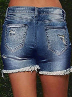 Women's Summer Fashionable Cutting-Edge Distressed Frayed Edge Stretch Denim Shorts