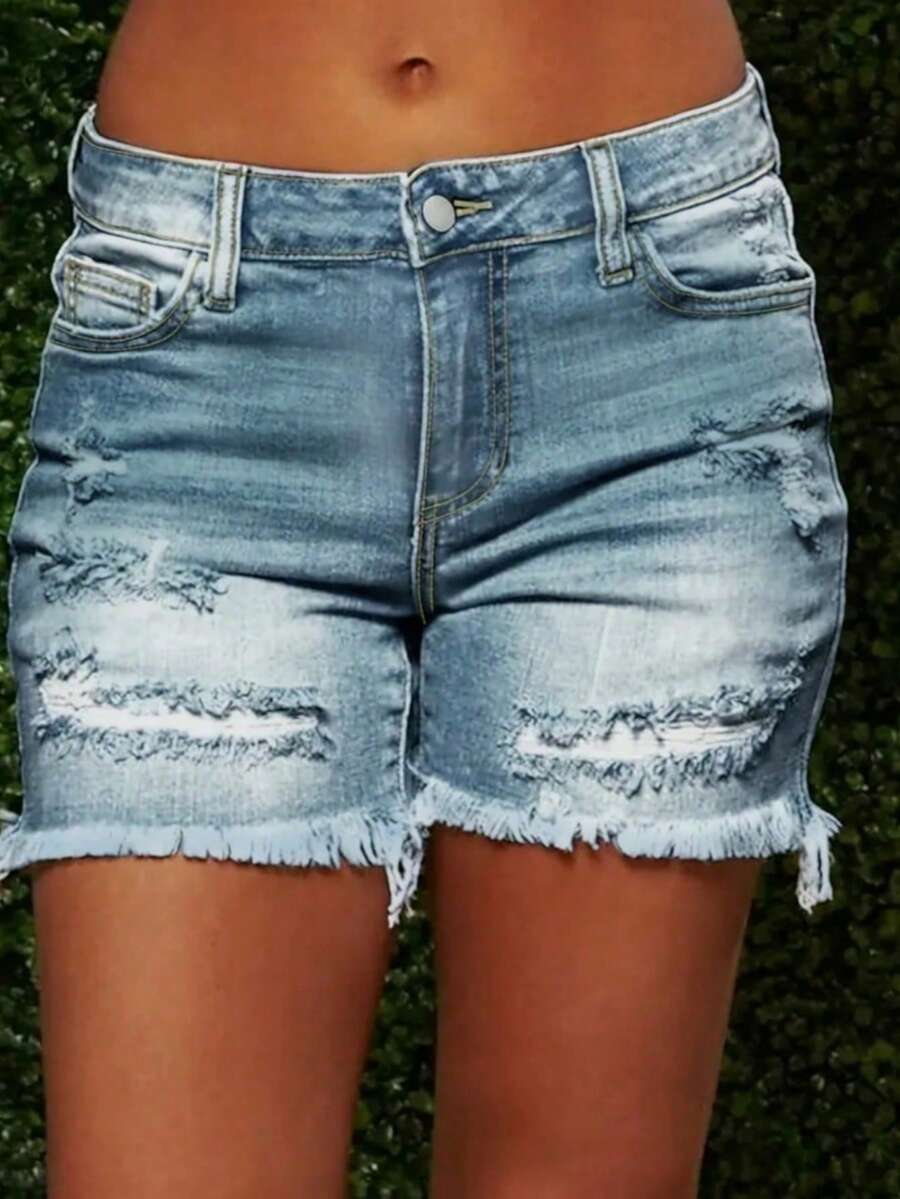 Women's Summer Fashionable Cutting-Edge Distressed Frayed Edge Stretch Denim Shorts