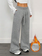 SHEIN PETITE Comfortable And Casual Plain Knitted Low-Rise Wide-Leg Women's Sweatpants Baggy