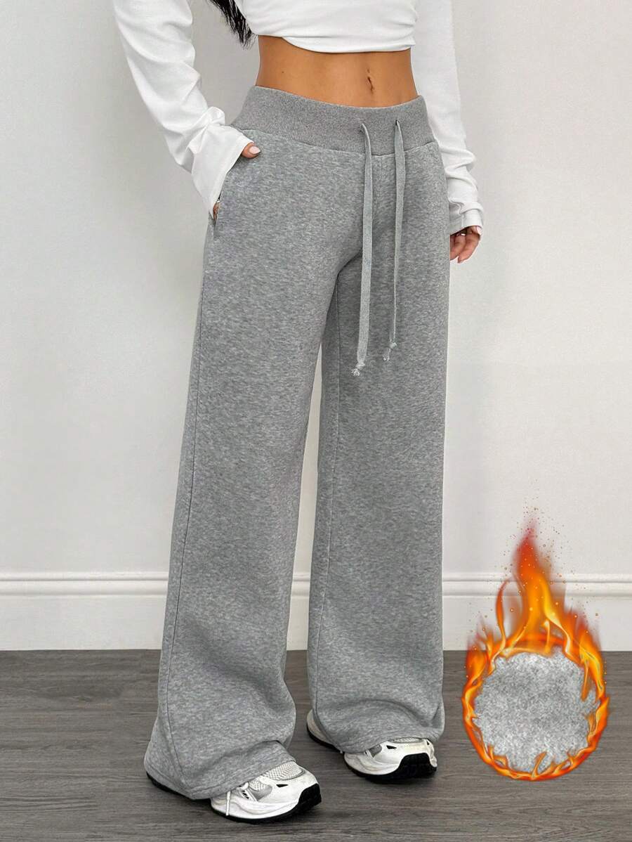 SHEIN PETITE Comfortable And Casual Plain Knitted Low-Rise Wide-Leg Women's Sweatpants Baggy