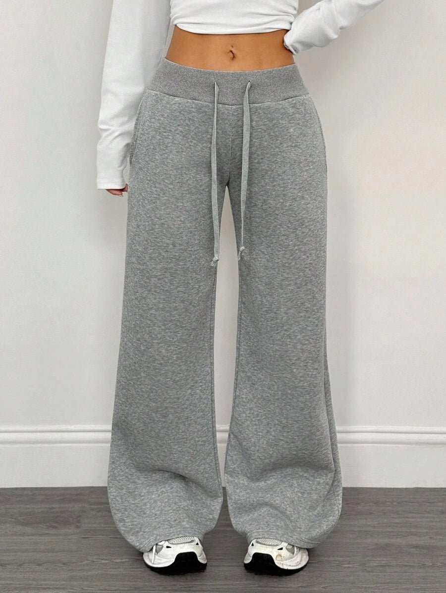 SHEIN PETITE Comfortable And Casual Plain Knitted Low-Rise Wide-Leg Women's Sweatpants Baggy