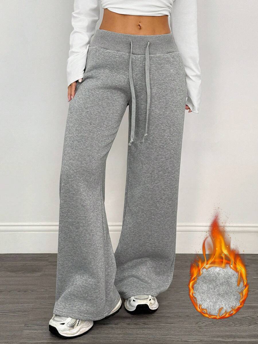 SHEIN PETITE Comfortable And Casual Plain Knitted Low-Rise Wide-Leg Women's Sweatpants Baggy
