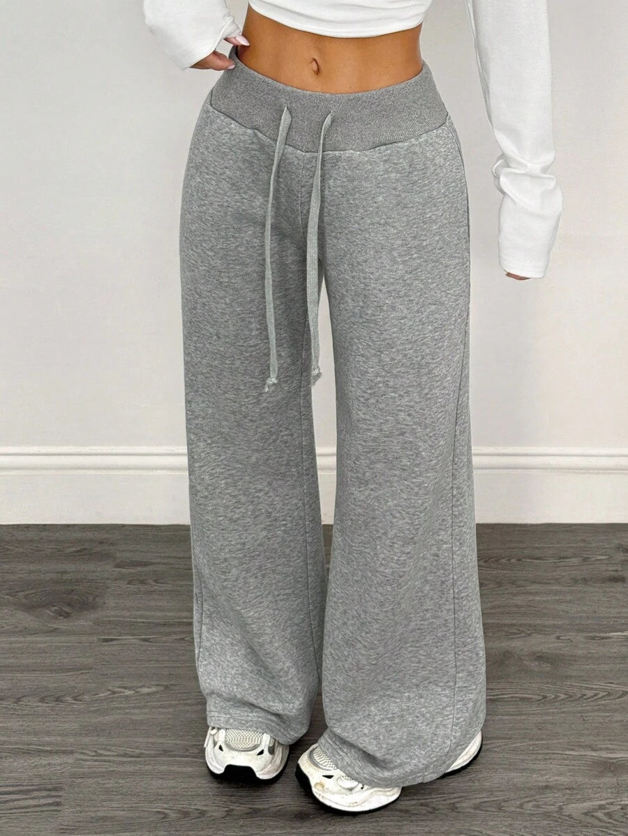 SHEIN PETITE Comfortable And Casual Plain Knitted Low-Rise Wide-Leg Women's Sweatpants Baggy