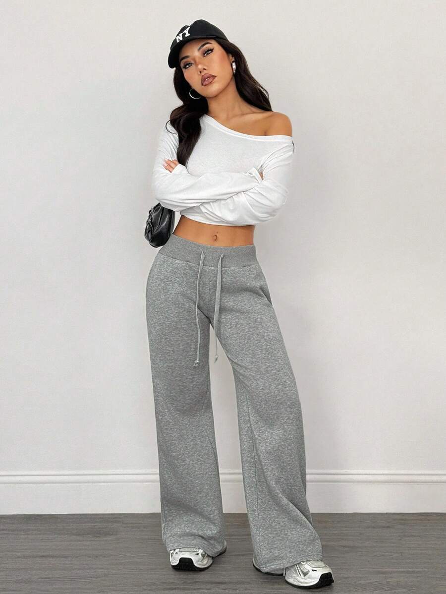 SHEIN PETITE Comfortable And Casual Plain Knitted Low-Rise Wide-Leg Women's Sweatpants Baggy
