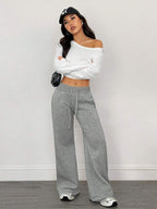 SHEIN PETITE Comfortable And Casual Plain Knitted Low-Rise Wide-Leg Women's Sweatpants Baggy