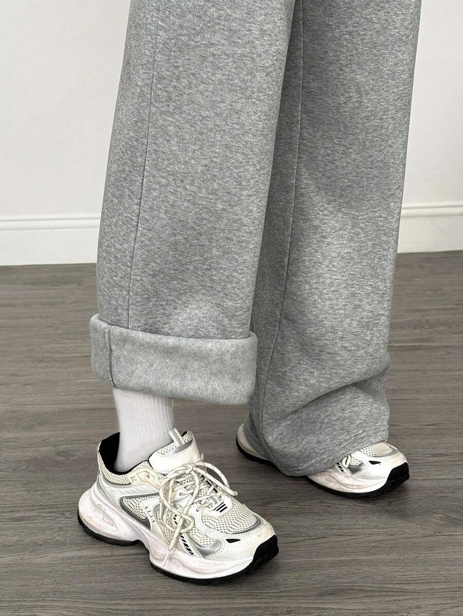 SHEIN PETITE Comfortable And Casual Plain Knitted Low-Rise Wide-Leg Women's Sweatpants Baggy