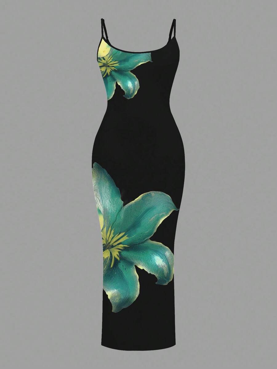 Slaydiva Casual Floral Print Camisole Bodycon Long Dress For Women, Summer Yellow Floral Bodycon Dress Yellow Summer Dress Bodycon Dress Women Yellow Dress Floral Print Bodycon Dress Suitable For Going Out Chic Dress
