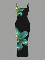 Slaydiva Casual Floral Print Camisole Bodycon Long Dress For Women, Summer Yellow Floral Bodycon Dress Yellow Summer Dress Bodycon Dress Women Yellow Dress Floral Print Bodycon Dress Suitable For Going Out Chic Dress
