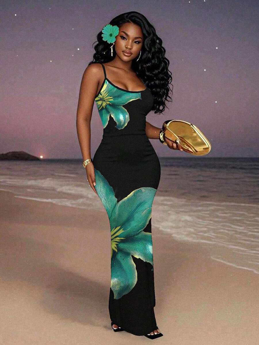 Slaydiva Casual Floral Print Camisole Bodycon Long Dress For Women, Summer Yellow Floral Bodycon Dress Yellow Summer Dress Bodycon Dress Women Yellow Dress Floral Print Bodycon Dress Suitable For Going Out Chic Dress