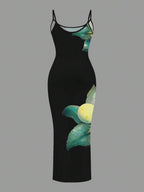 Slaydiva Casual Floral Print Camisole Bodycon Long Dress For Women, Summer Yellow Floral Bodycon Dress Yellow Summer Dress Bodycon Dress Women Yellow Dress Floral Print Bodycon Dress Suitable For Going Out Chic Dress