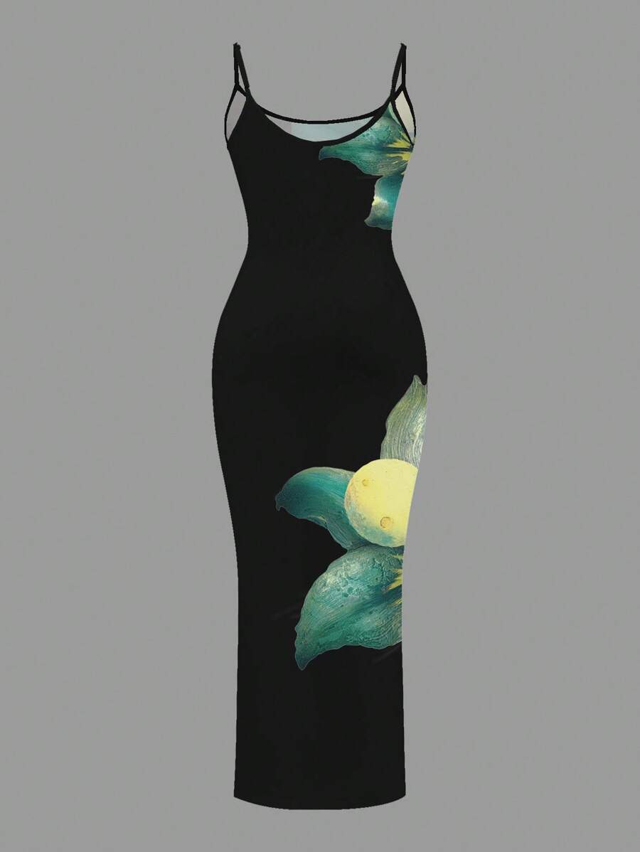 Slaydiva Casual Floral Print Camisole Bodycon Long Dress For Women, Summer Yellow Floral Bodycon Dress Yellow Summer Dress Bodycon Dress Women Yellow Dress Floral Print Bodycon Dress Suitable For Going Out Chic Dress