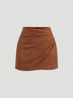 Sweetra Vintage Italian Style Maillard Color Pleated Bodycon Skirt, Sexy & Alluring For Autumn/Winter