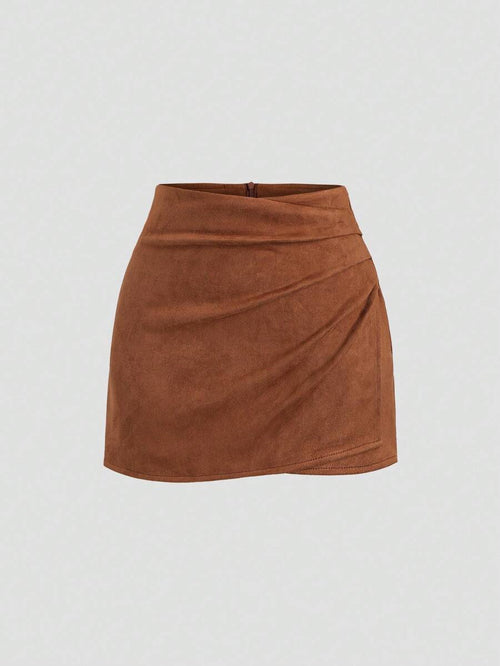 Sweetra Vintage Italian Style Maillard Color Pleated Bodycon Skirt, Sexy & Alluring For Autumn/Winter