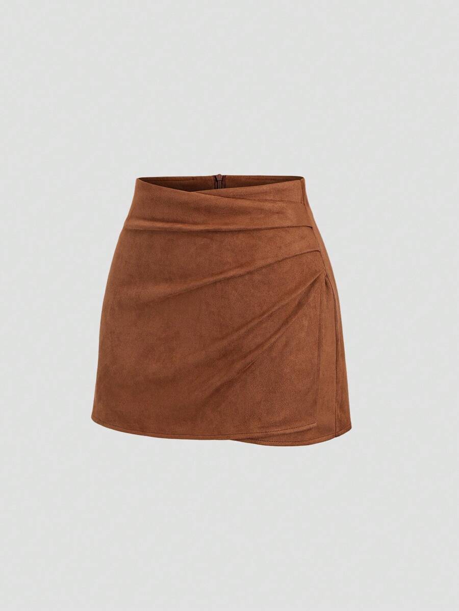 Sweetra Vintage Italian Style Maillard Color Pleated Bodycon Skirt, Sexy & Alluring For Autumn/Winter