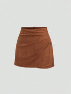 Sweetra Vintage Italian Style Maillard Color Pleated Bodycon Skirt, Sexy & Alluring For Autumn/Winter