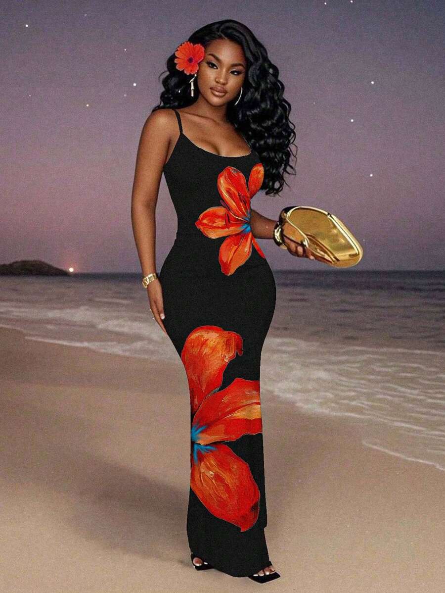 Slaydiva Casual Floral Print Camisole Bodycon Long Dress For Women, Summer Yellow Floral Bodycon Dress Yellow Summer Dress Bodycon Dress Women Yellow Dress Floral Print Bodycon Dress Suitable For Going Out Chic Dress