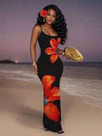 Slaydiva Casual Floral Print Camisole Bodycon Long Dress For Women, Summer Yellow Floral Bodycon Dress Yellow Summer Dress Bodycon Dress Women Yellow Dress Floral Print Bodycon Dress Suitable For Going Out Chic Dress