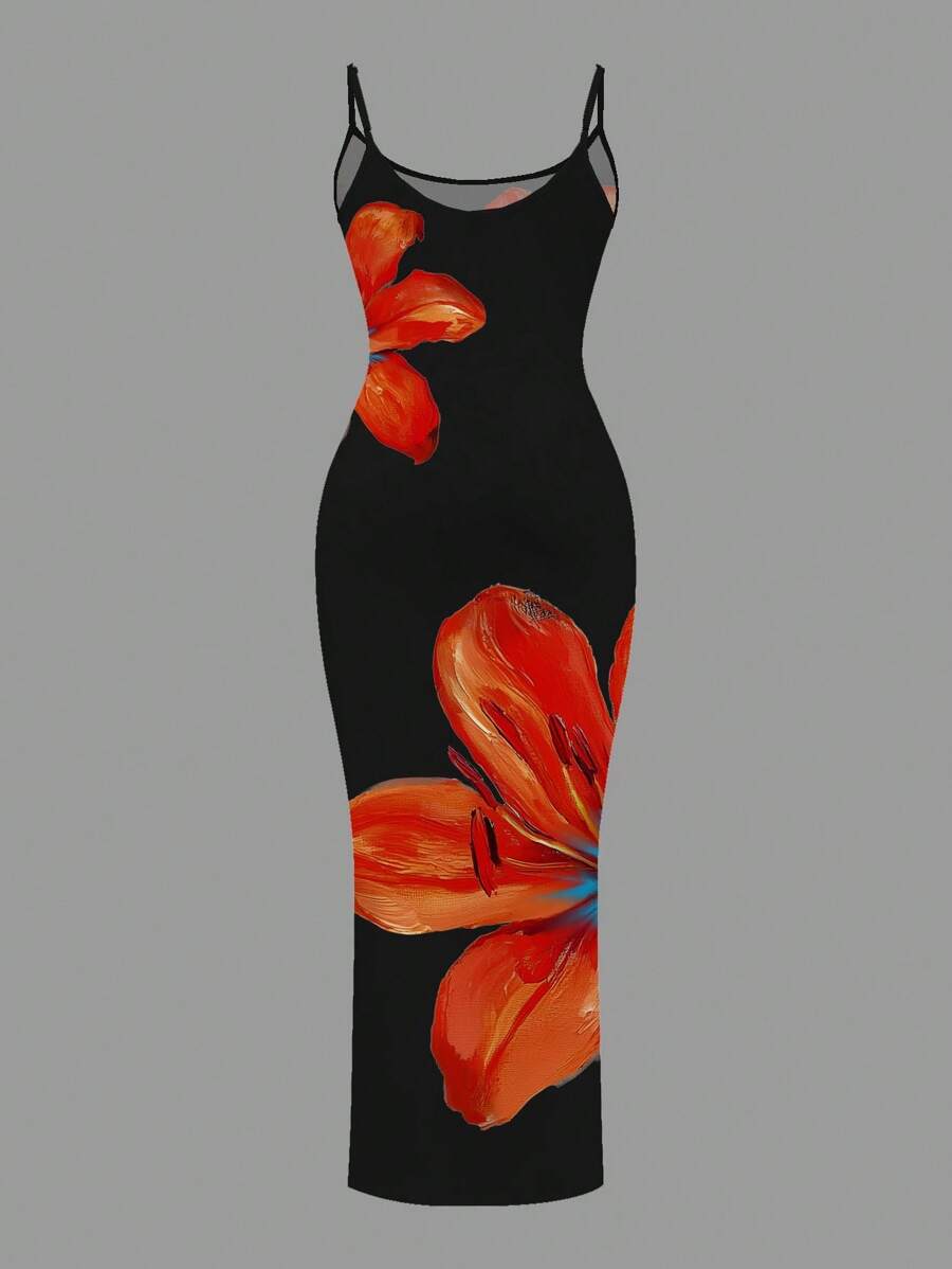 Slaydiva Casual Floral Print Camisole Bodycon Long Dress For Women, Summer Yellow Floral Bodycon Dress Yellow Summer Dress Bodycon Dress Women Yellow Dress Floral Print Bodycon Dress Suitable For Going Out Chic Dress