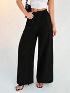 SHEIN PETITE Women's Casual Vacation Waistband Blue Wide Leg Pants Work Pants