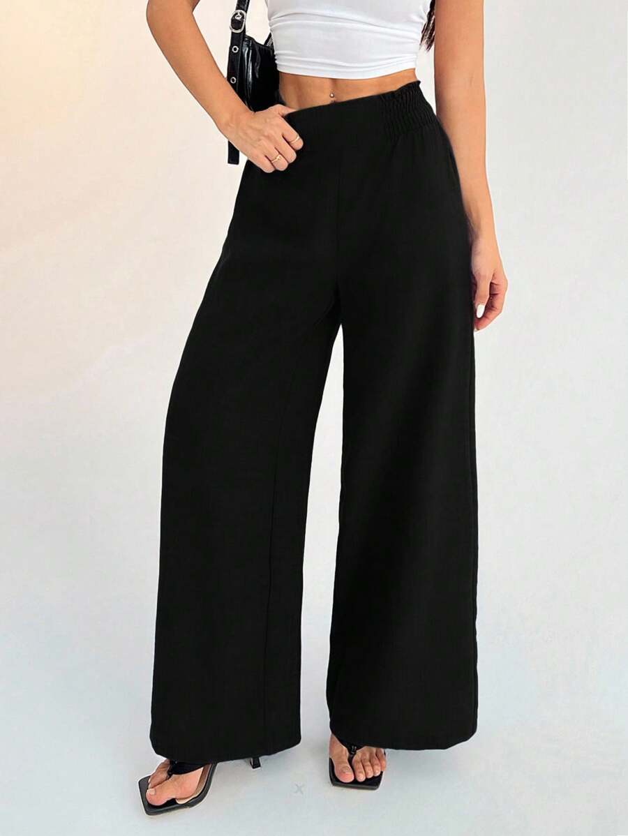 SHEIN PETITE Women's Casual Vacation Waistband Blue Wide Leg Pants Work Pants