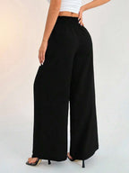 SHEIN PETITE Women's Casual Vacation Waistband Blue Wide Leg Pants Work Pants