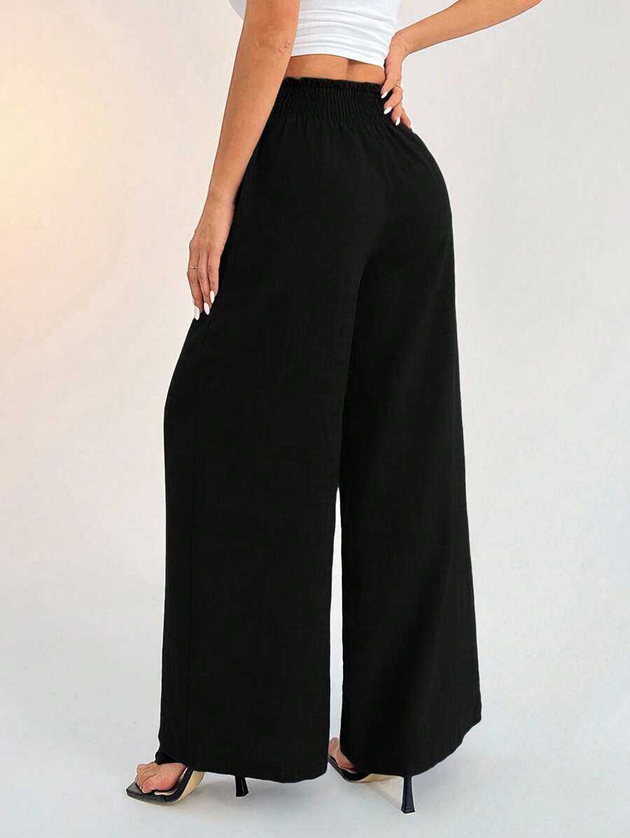 SHEIN PETITE Women's Casual Vacation Waistband Blue Wide Leg Pants Work Pants