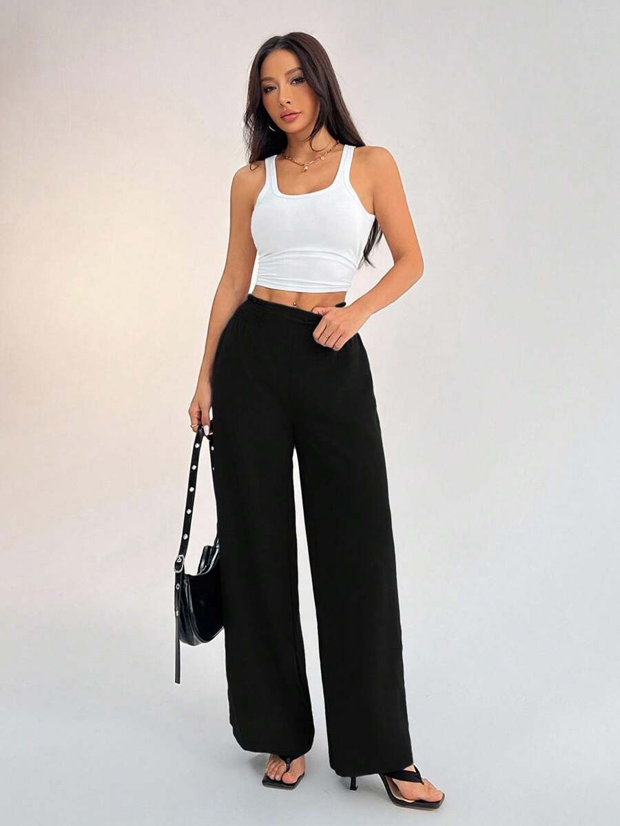 SHEIN PETITE Women's Casual Vacation Waistband Blue Wide Leg Pants Work Pants