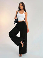 SHEIN PETITE Women's Casual Vacation Waistband Blue Wide Leg Pants Work Pants