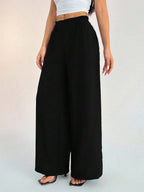 SHEIN PETITE Women's Casual Vacation Waistband Blue Wide Leg Pants Work Pants