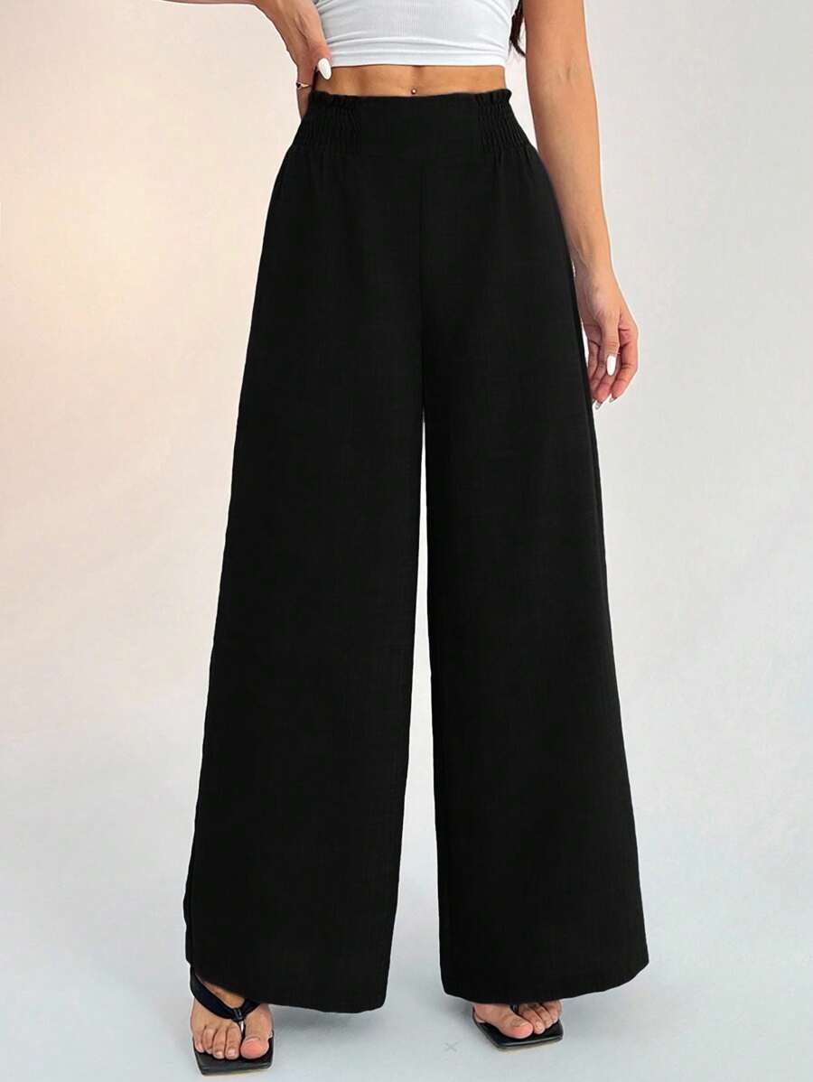 SHEIN PETITE Women's Casual Vacation Waistband Blue Wide Leg Pants Work Pants