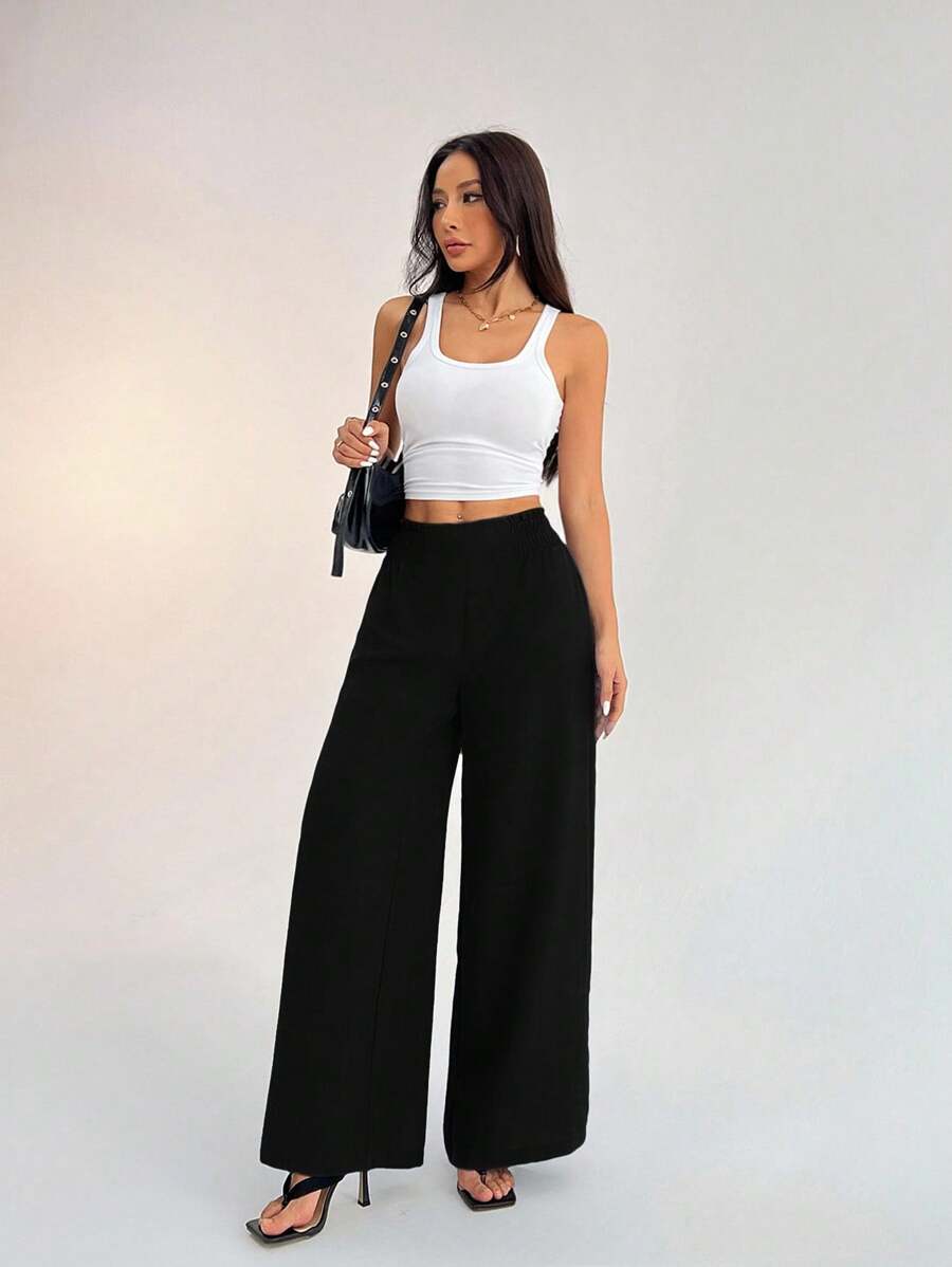SHEIN PETITE Women's Casual Vacation Waistband Blue Wide Leg Pants Work Pants