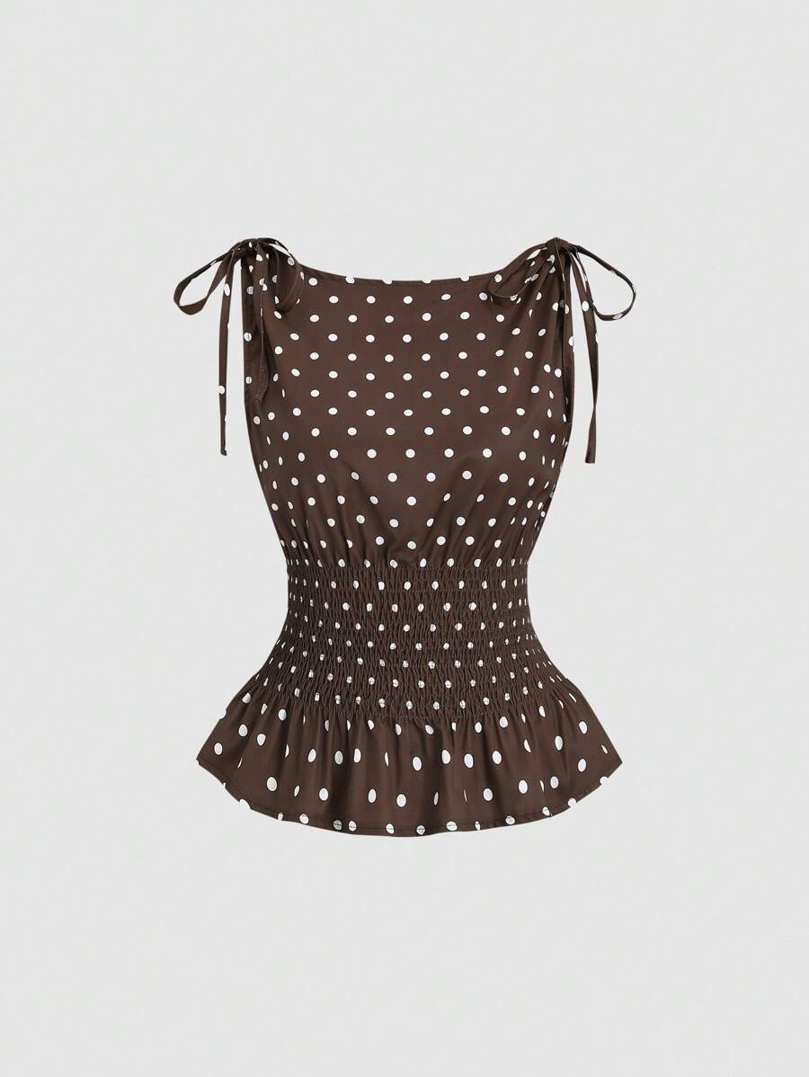 Sweetra Women's Elegant French Style Polka Dot Bow Shoulder Tie Waist Slim Fit Casual Versatile Tank Top, Spring/Summer