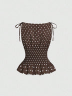 Sweetra Women's Elegant French Style Polka Dot Bow Shoulder Tie Waist Slim Fit Casual Versatile Tank Top, Spring/Summer