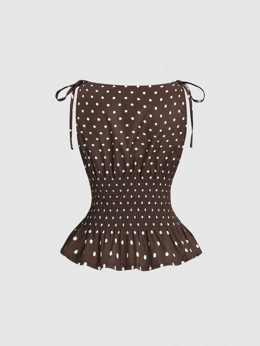 Sweetra Women's Elegant French Style Polka Dot Bow Shoulder Tie Waist Slim Fit Casual Versatile Tank Top, Spring/Summer