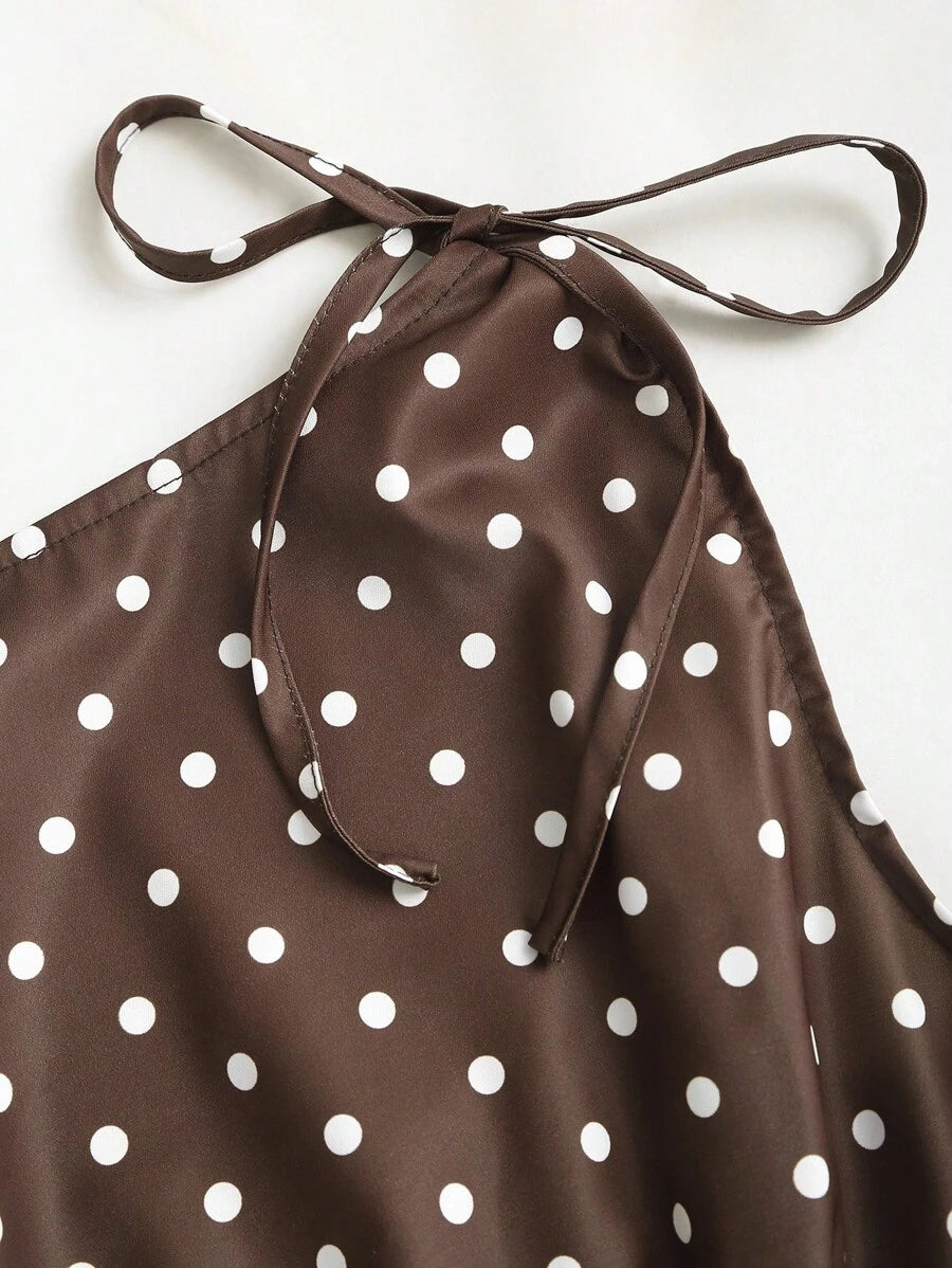 Sweetra Women's Elegant French Style Polka Dot Bow Shoulder Tie Waist Slim Fit Casual Versatile Tank Top, Spring/Summer
