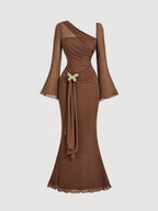 SHEIN MOD Women's Metallic Butterfly Ombre Abstract Floral Bell Sleeve Dress, Brown Elegant Women Dress, Brown Long Dress, Earth Tone Dress, Unique Dress,Elegant,Luxury,Party Dress,Dresses For Women Elegant