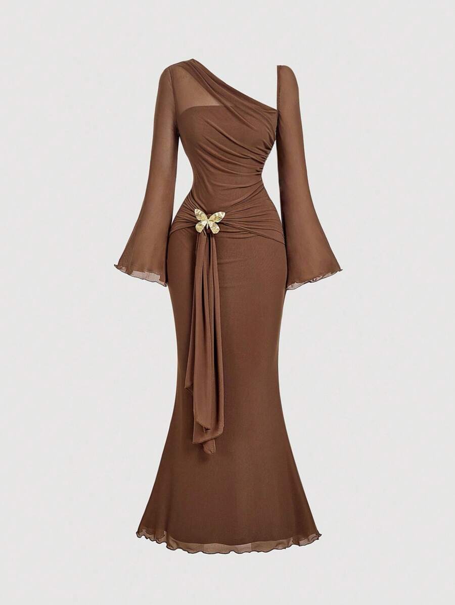 SHEIN MOD Women's Metallic Butterfly Ombre Abstract Floral Bell Sleeve Dress, Brown Elegant Women Dress, Brown Long Dress, Earth Tone Dress, Unique Dress,Elegant,Luxury,Party Dress,Dresses For Women Elegant