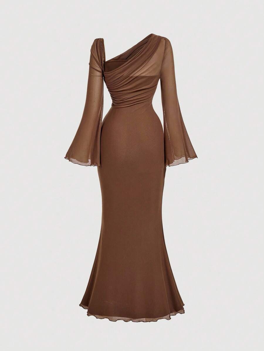 SHEIN MOD Women's Metallic Butterfly Ombre Abstract Floral Bell Sleeve Dress, Brown Elegant Women Dress, Brown Long Dress, Earth Tone Dress, Unique Dress,Elegant,Luxury,Party Dress,Dresses For Women Elegant