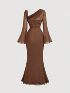 SHEIN MOD Women's Metallic Butterfly Ombre Abstract Floral Bell Sleeve Dress, Brown Elegant Women Dress, Brown Long Dress, Earth Tone Dress, Unique Dress,Elegant,Luxury,Party Dress,Dresses For Women Elegant