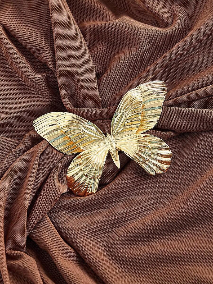 SHEIN MOD Women's Metallic Butterfly Ombre Abstract Floral Bell Sleeve Dress, Brown Elegant Women Dress, Brown Long Dress, Earth Tone Dress, Unique Dress,Elegant,Luxury,Party Dress,Dresses For Women Elegant