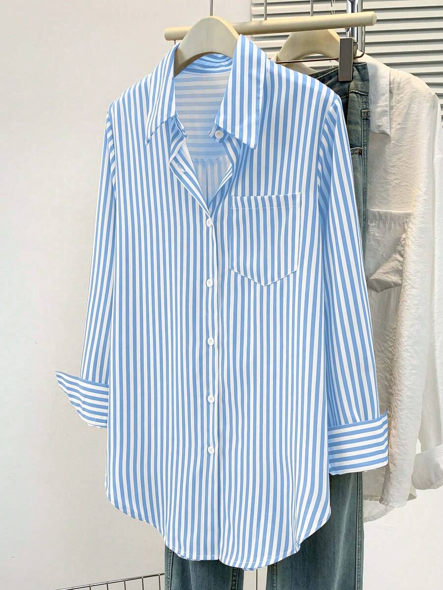 Women's Casual Basic Striped Pointed Collar Long Sleeve Shirt Blouse With Button Pockets, Suitable For Daily Office Wear, Autumn/Winter/Spring