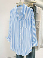 Women's Casual Basic Striped Pointed Collar Long Sleeve Shirt Blouse With Button Pockets, Suitable For Daily Office Wear, Autumn/Winter/Spring