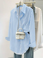 Women's Casual Basic Striped Pointed Collar Long Sleeve Shirt Blouse With Button Pockets, Suitable For Daily Office Wear, Autumn/Winter/Spring